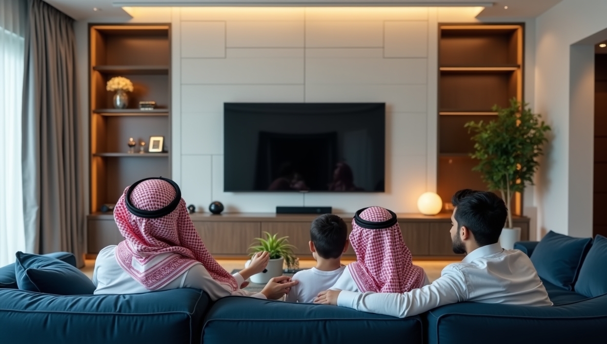 غرفة معيشة مع نظام ترفيه منزلي وتلفاز
